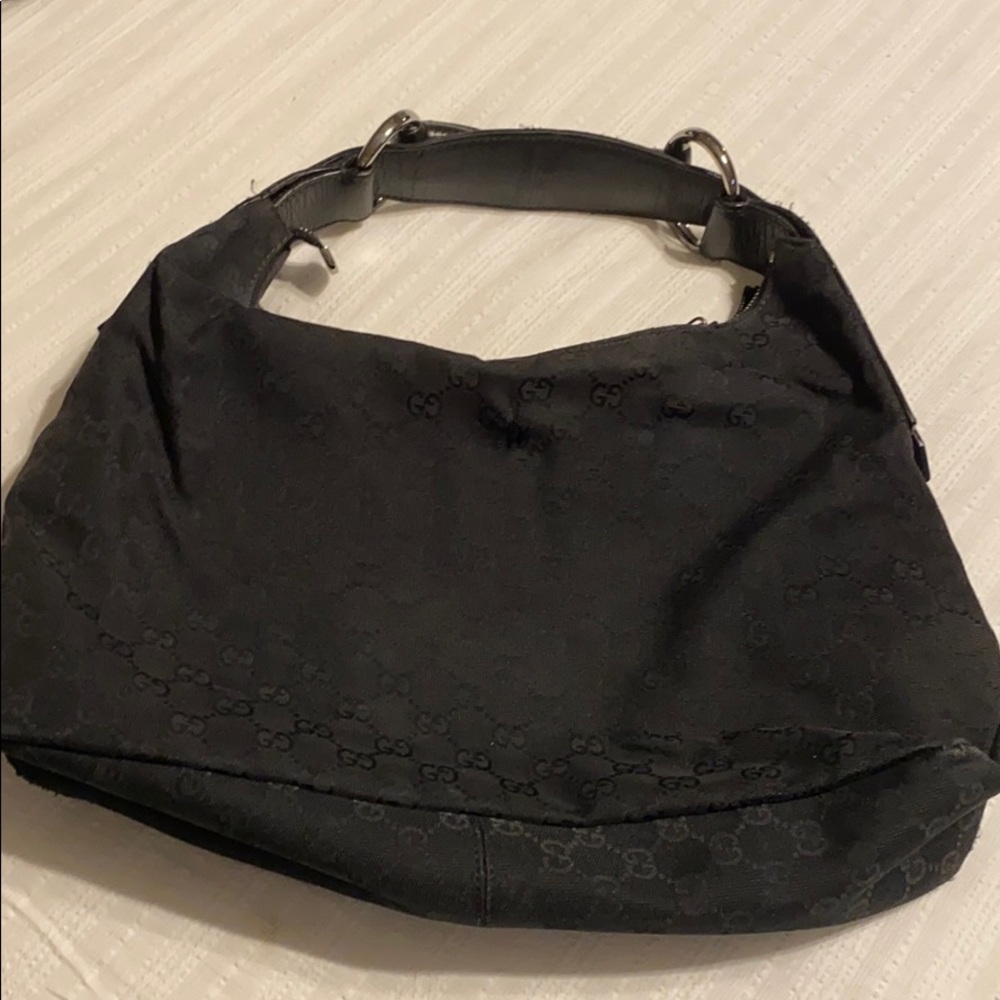 Black fabric GG print handle bag